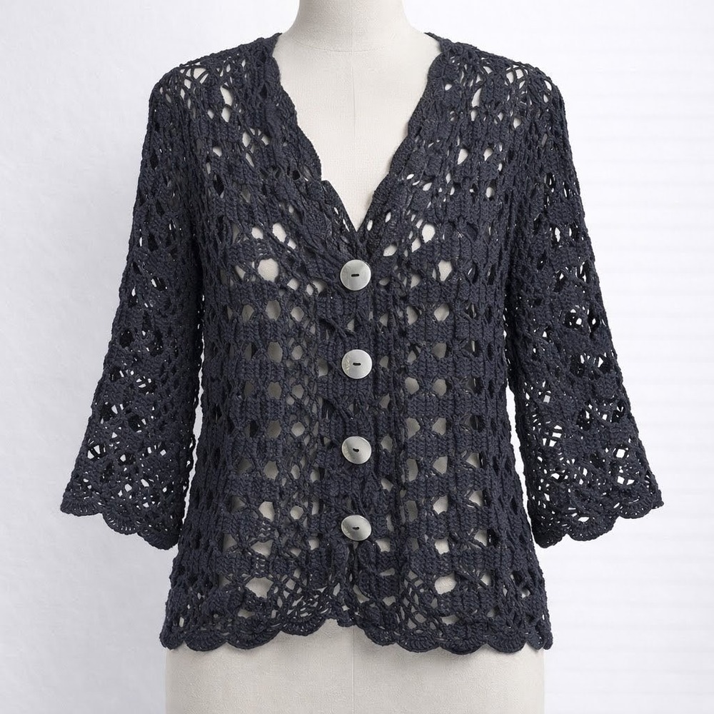 Vintage Y2K Whimsigoth Crochet Open Knit Top Black Size S Button Festival Witchy